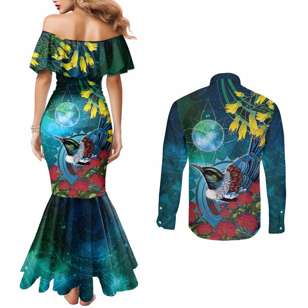 New Zealand Tui Bird Couples Matching Mermaid Dress and Long Sleeve Button Shirt Maori Koru With Pohutukawa Galaxy Style - Aussie Hoodie