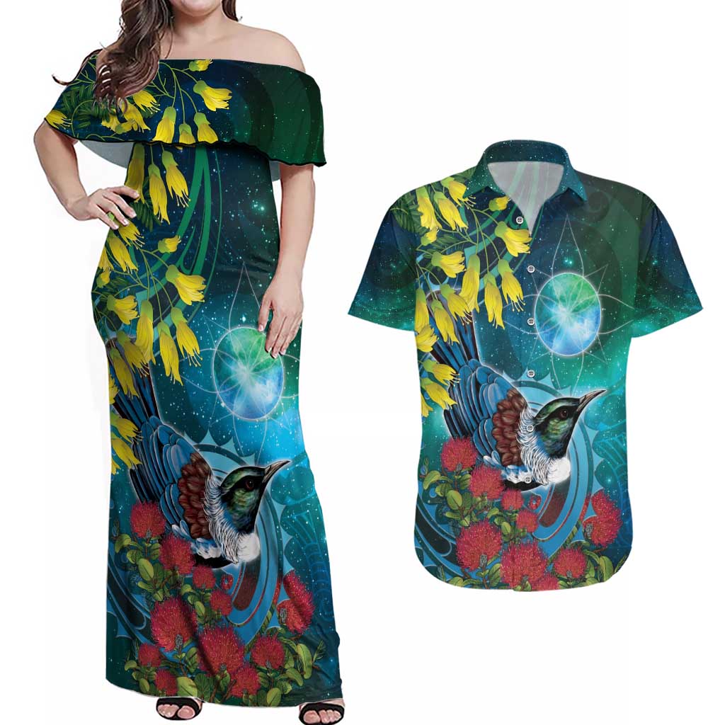 New Zealand Tui Bird Couples Matching Off Shoulder Maxi Dress and Hawaiian Shirt Maori Koru With Pohutukawa Galaxy Style - Aussie Hoodie
