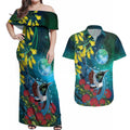 New Zealand Tui Bird Couples Matching Off Shoulder Maxi Dress and Hawaiian Shirt Maori Koru With Pohutukawa Galaxy Style - Aussie Hoodie