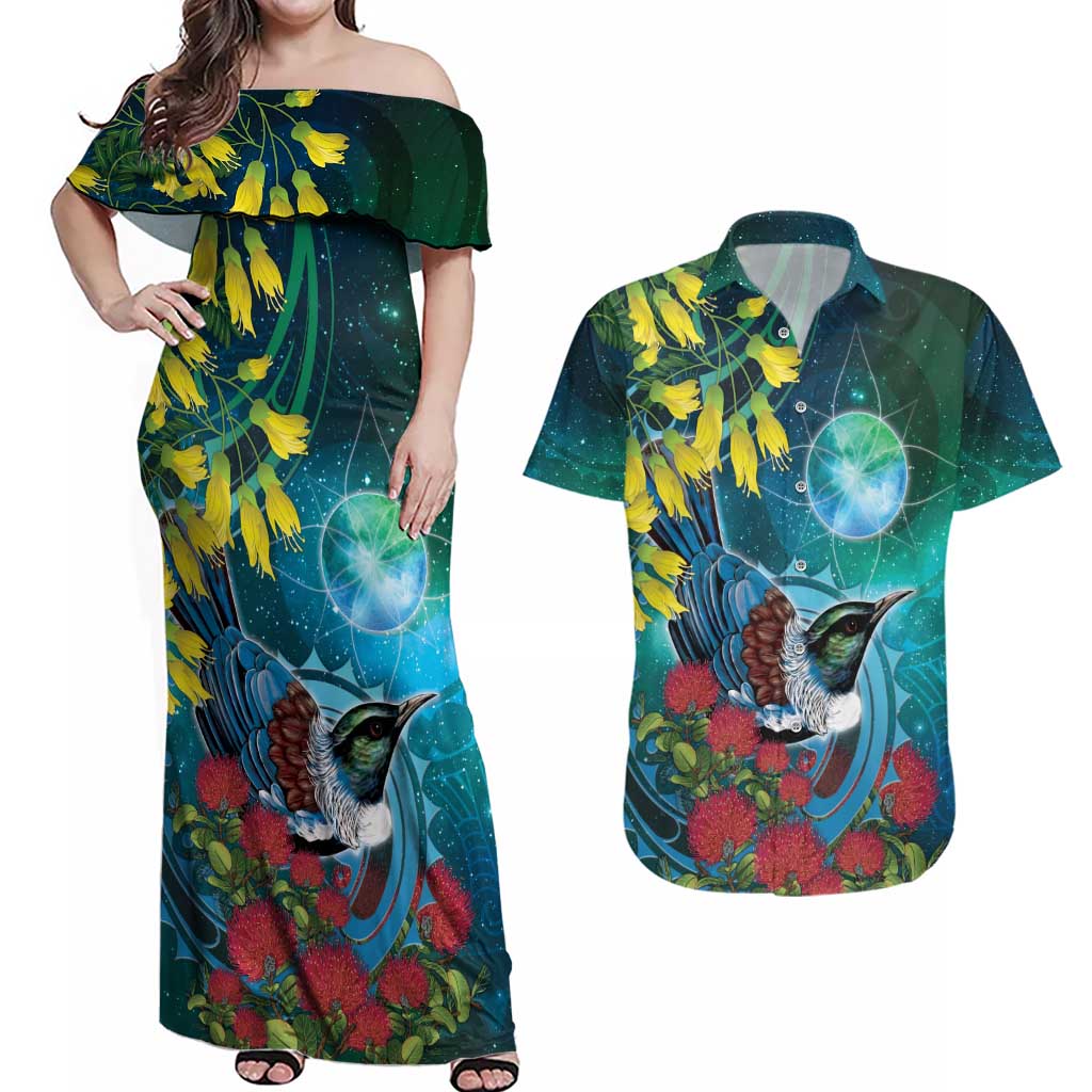 New Zealand Tui Bird Couples Matching Off Shoulder Maxi Dress and Hawaiian Shirt Maori Koru With Pohutukawa Galaxy Style - Aussie Hoodie