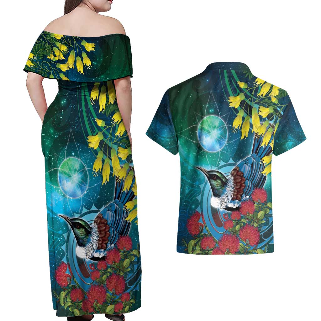 New Zealand Tui Bird Couples Matching Off Shoulder Maxi Dress and Hawaiian Shirt Maori Koru With Pohutukawa Galaxy Style - Aussie Hoodie
