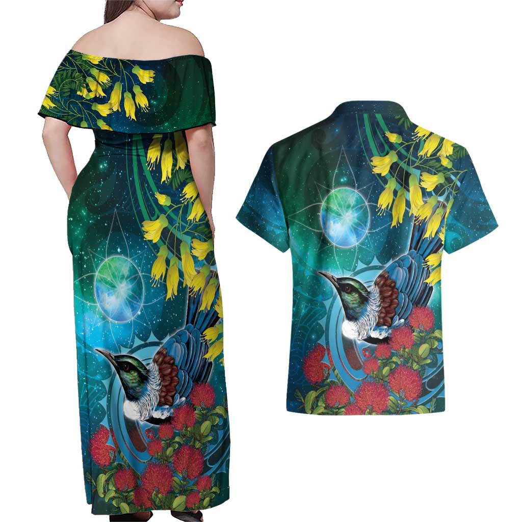 New Zealand Tui Bird Couples Matching Off Shoulder Maxi Dress and Hawaiian Shirt Maori Koru With Pohutukawa Galaxy Style - Aussie Hoodie