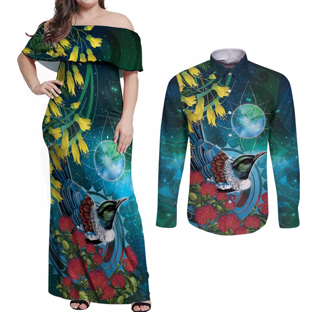New Zealand Tui Bird Couples Matching Off Shoulder Maxi Dress and Long Sleeve Button Shirt Maori Koru With Pohutukawa Galaxy Style - Aussie Hoodie