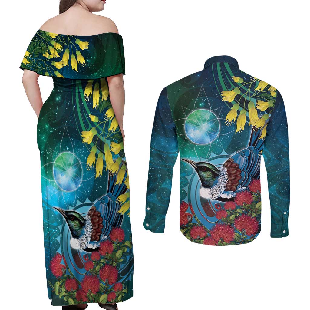 New Zealand Tui Bird Couples Matching Off Shoulder Maxi Dress and Long Sleeve Button Shirt Maori Koru With Pohutukawa Galaxy Style - Aussie Hoodie