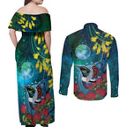New Zealand Tui Bird Couples Matching Off Shoulder Maxi Dress and Long Sleeve Button Shirt Maori Koru With Pohutukawa Galaxy Style - Aussie Hoodie