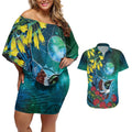 New Zealand Tui Bird Couples Matching Off Shoulder Short Dress and Hawaiian Shirt Maori Koru With Pohutukawa Galaxy Style - Aussie Hoodie