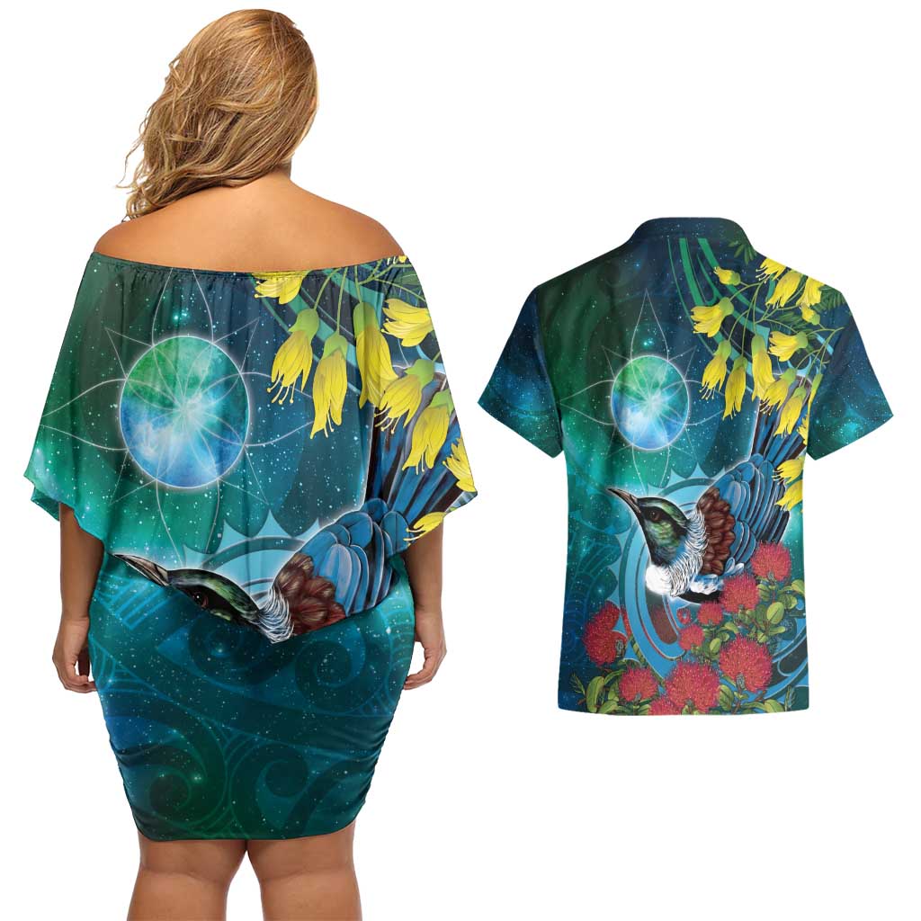 New Zealand Tui Bird Couples Matching Off Shoulder Short Dress and Hawaiian Shirt Maori Koru With Pohutukawa Galaxy Style - Aussie Hoodie