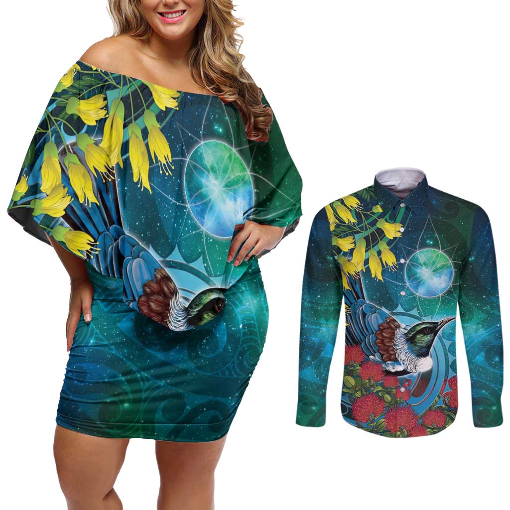 New Zealand Tui Bird Couples Matching Off Shoulder Short Dress and Long Sleeve Button Shirt Maori Koru With Pohutukawa Galaxy Style - Aussie Hoodie