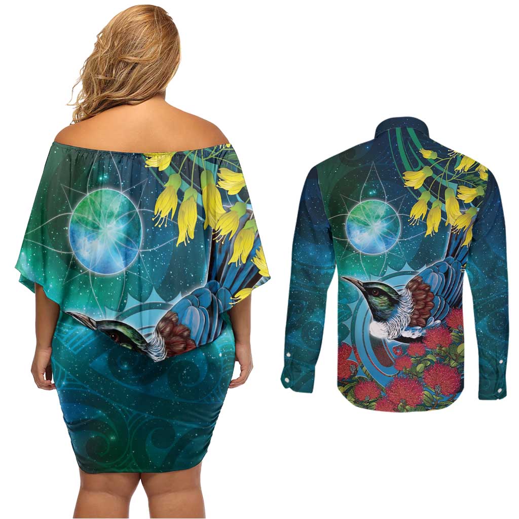 New Zealand Tui Bird Couples Matching Off Shoulder Short Dress and Long Sleeve Button Shirt Maori Koru With Pohutukawa Galaxy Style - Aussie Hoodie
