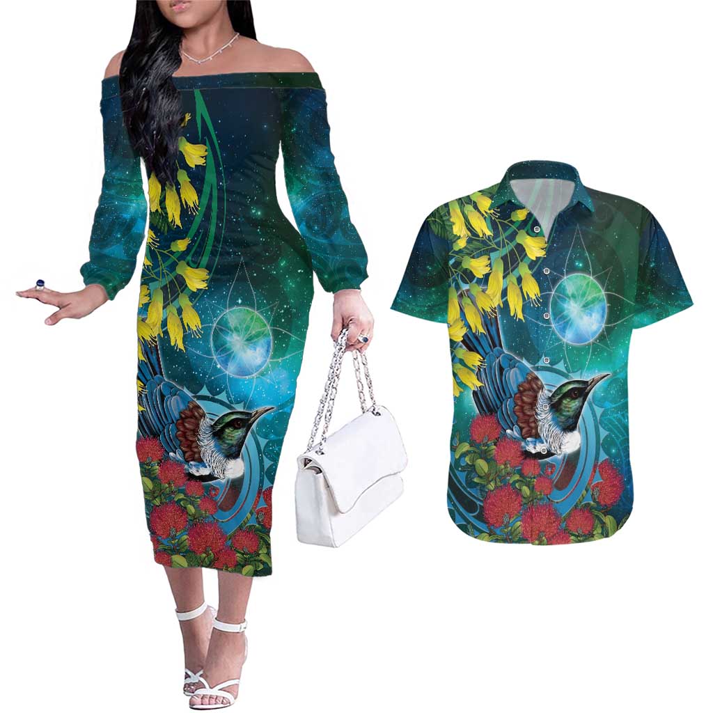New Zealand Tui Bird Couples Matching Off The Shoulder Long Sleeve Dress and Hawaiian Shirt Maori Koru With Pohutukawa Galaxy Style - Aussie Hoodie