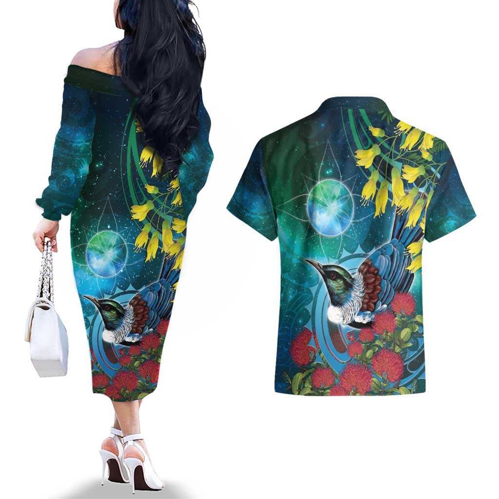 New Zealand Tui Bird Couples Matching Off The Shoulder Long Sleeve Dress and Hawaiian Shirt Maori Koru With Pohutukawa Galaxy Style - Aussie Hoodie
