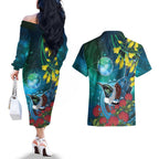 New Zealand Tui Bird Couples Matching Off The Shoulder Long Sleeve Dress and Hawaiian Shirt Maori Koru With Pohutukawa Galaxy Style - Aussie Hoodie