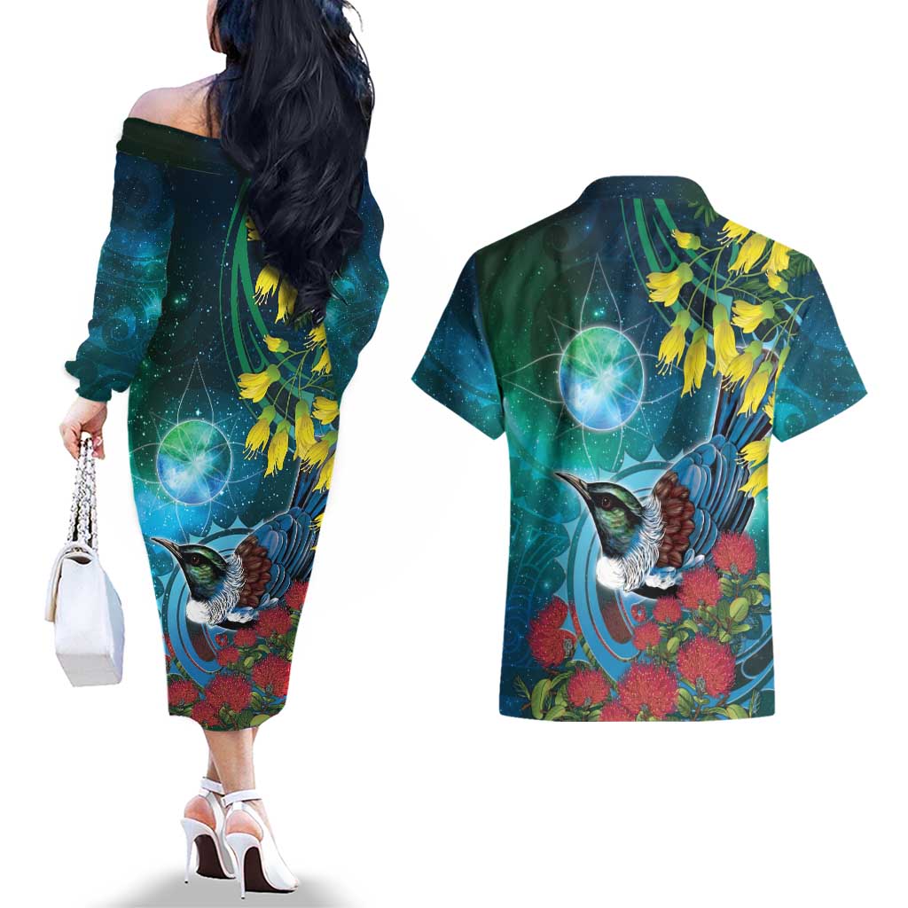 New Zealand Tui Bird Couples Matching Off The Shoulder Long Sleeve Dress and Hawaiian Shirt Maori Koru With Pohutukawa Galaxy Style - Aussie Hoodie