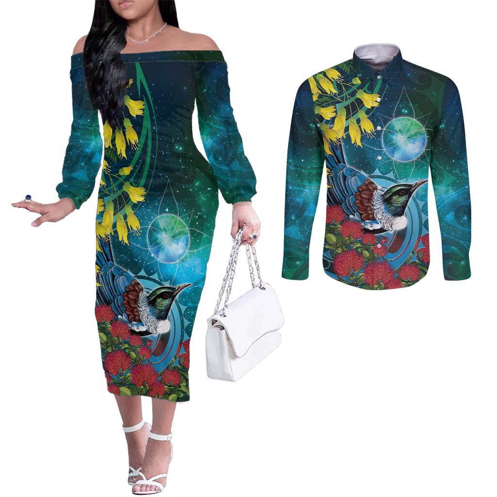 New Zealand Tui Bird Couples Matching Off The Shoulder Long Sleeve Dress and Long Sleeve Button Shirt Maori Koru With Pohutukawa Galaxy Style - Aussie Hoodie
