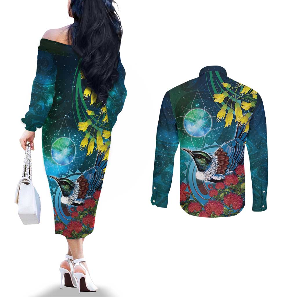 New Zealand Tui Bird Couples Matching Off The Shoulder Long Sleeve Dress and Long Sleeve Button Shirt Maori Koru With Pohutukawa Galaxy Style - Aussie Hoodie
