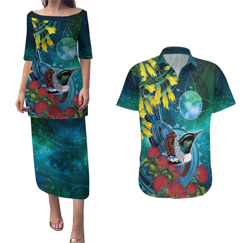 New Zealand Tui Bird Couples Matching Puletasi and Hawaiian Shirt Maori Koru With Pohutukawa Galaxy Style - Aussie Hoodie