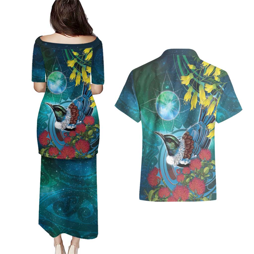 New Zealand Tui Bird Couples Matching Puletasi and Hawaiian Shirt Maori Koru With Pohutukawa Galaxy Style - Aussie Hoodie