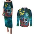 New Zealand Tui Bird Couples Matching Puletasi and Long Sleeve Button Shirt Maori Koru With Pohutukawa Galaxy Style - Aussie Hoodie
