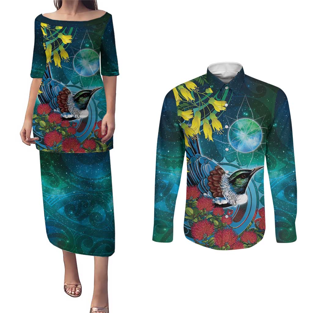 New Zealand Tui Bird Couples Matching Puletasi and Long Sleeve Button Shirt Maori Koru With Pohutukawa Galaxy Style - Aussie Hoodie