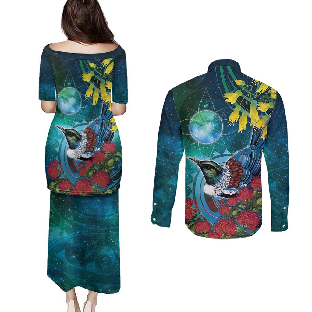 New Zealand Tui Bird Couples Matching Puletasi and Long Sleeve Button Shirt Maori Koru With Pohutukawa Galaxy Style - Aussie Hoodie