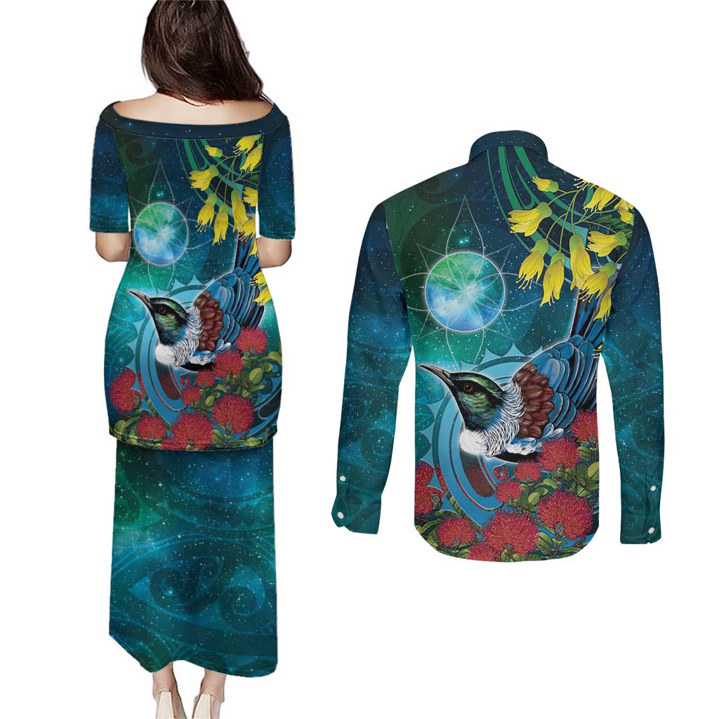 New Zealand Tui Bird Couples Matching Puletasi and Long Sleeve Button Shirt Maori Koru With Pohutukawa Galaxy Style - Aussie Hoodie