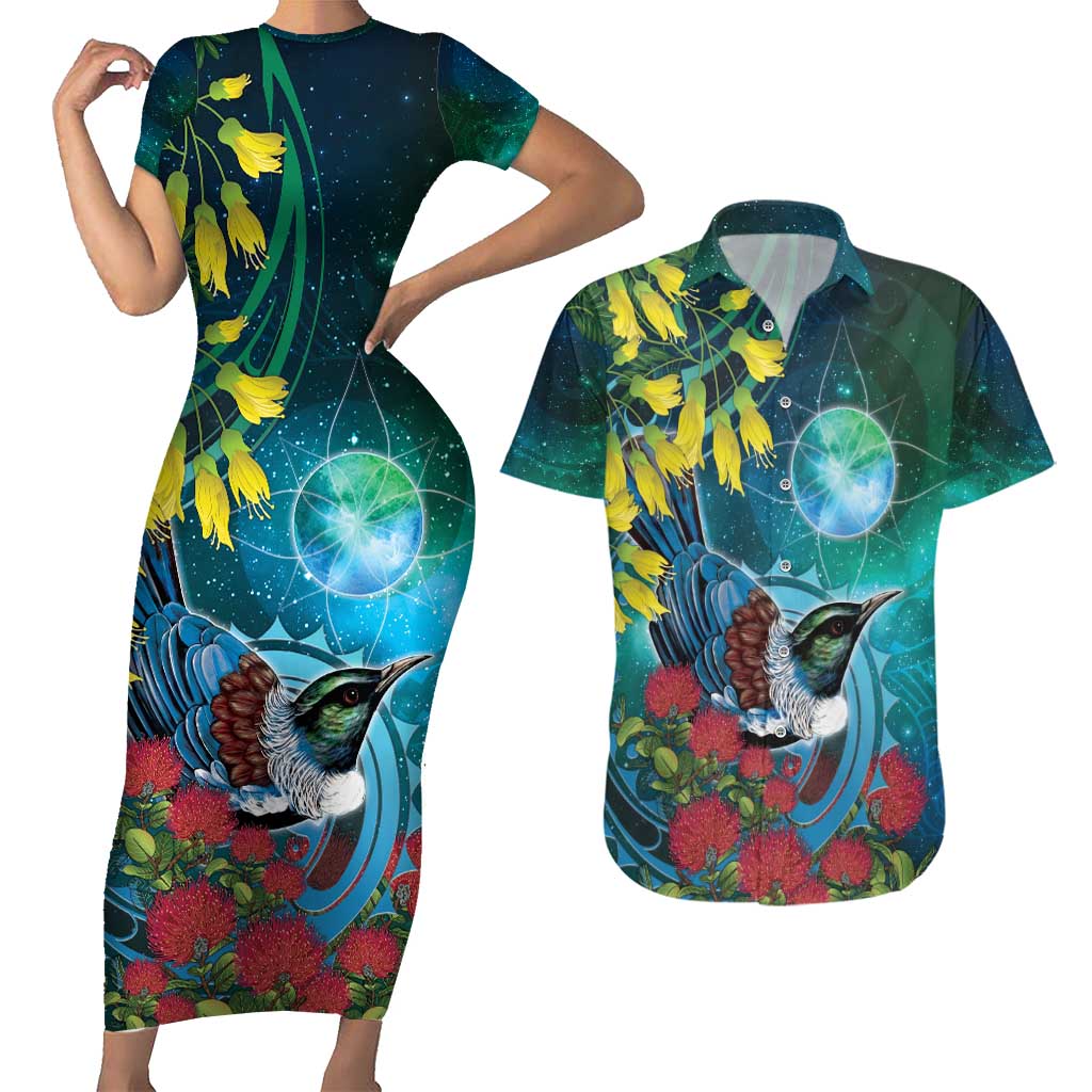 New Zealand Tui Bird Couples Matching Short Sleeve Bodycon Dress and Hawaiian Shirt Maori Koru With Pohutukawa Galaxy Style - Aussie Hoodie