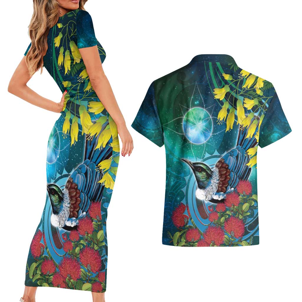 New Zealand Tui Bird Couples Matching Short Sleeve Bodycon Dress and Hawaiian Shirt Maori Koru With Pohutukawa Galaxy Style - Aussie Hoodie