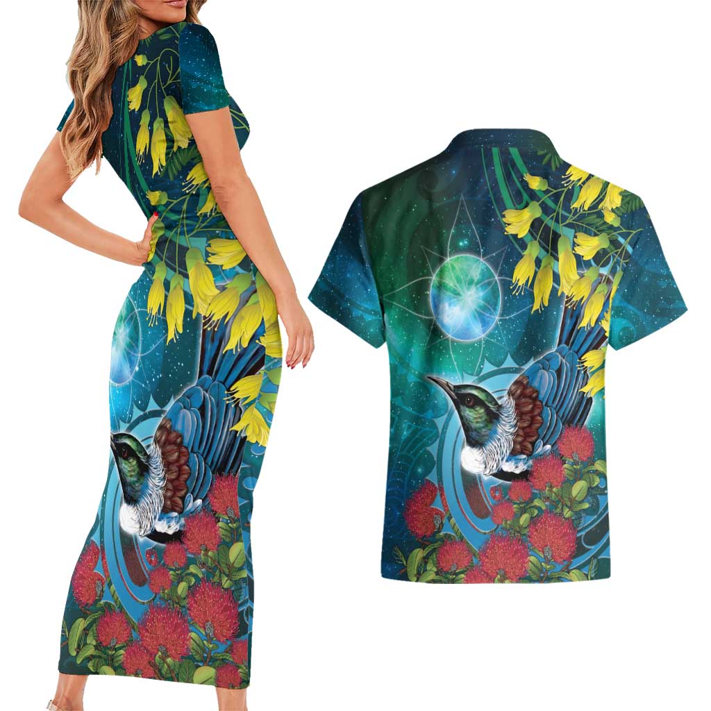 New Zealand Tui Bird Couples Matching Short Sleeve Bodycon Dress and Hawaiian Shirt Maori Koru With Pohutukawa Galaxy Style - Aussie Hoodie