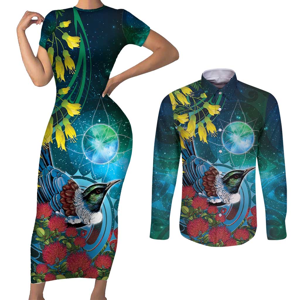 New Zealand Tui Bird Couples Matching Short Sleeve Bodycon Dress and Long Sleeve Button Shirt Maori Koru With Pohutukawa Galaxy Style - Aussie Hoodie