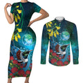 New Zealand Tui Bird Couples Matching Short Sleeve Bodycon Dress and Long Sleeve Button Shirt Maori Koru With Pohutukawa Galaxy Style - Aussie Hoodie