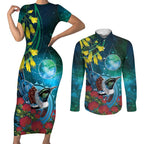 New Zealand Tui Bird Couples Matching Short Sleeve Bodycon Dress and Long Sleeve Button Shirt Maori Koru With Pohutukawa Galaxy Style - Aussie Hoodie