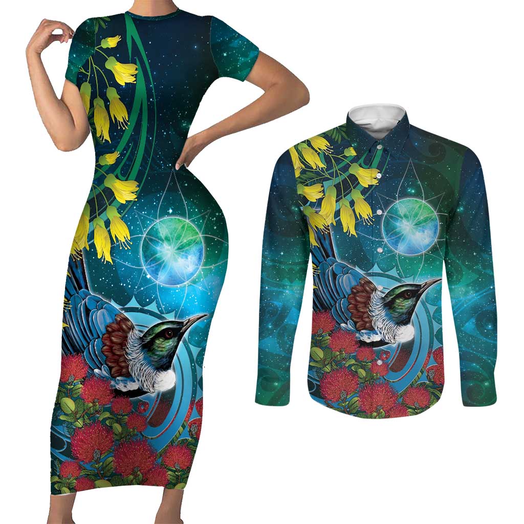 New Zealand Tui Bird Couples Matching Short Sleeve Bodycon Dress and Long Sleeve Button Shirt Maori Koru With Pohutukawa Galaxy Style - Aussie Hoodie