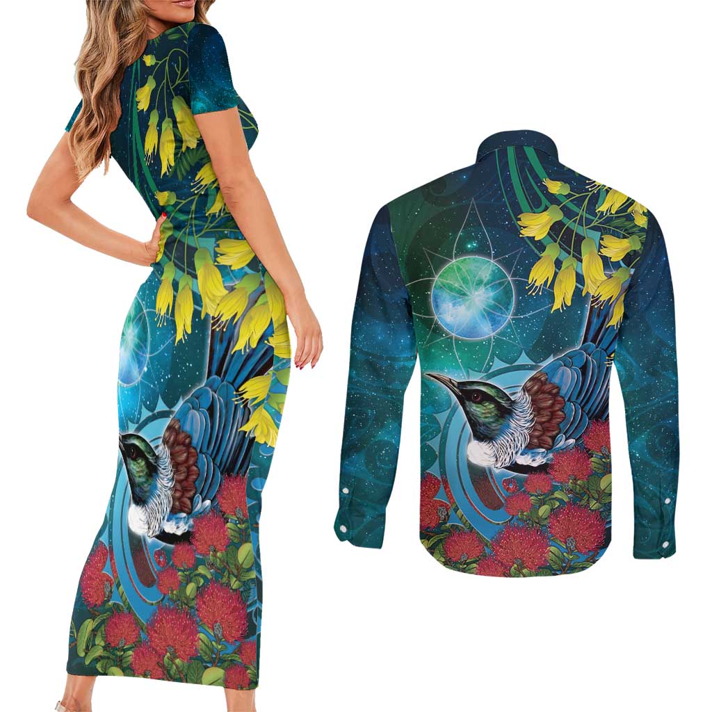 New Zealand Tui Bird Couples Matching Short Sleeve Bodycon Dress and Long Sleeve Button Shirt Maori Koru With Pohutukawa Galaxy Style - Aussie Hoodie