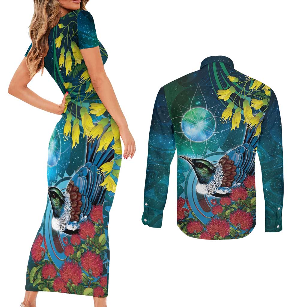 New Zealand Tui Bird Couples Matching Short Sleeve Bodycon Dress and Long Sleeve Button Shirt Maori Koru With Pohutukawa Galaxy Style - Aussie Hoodie