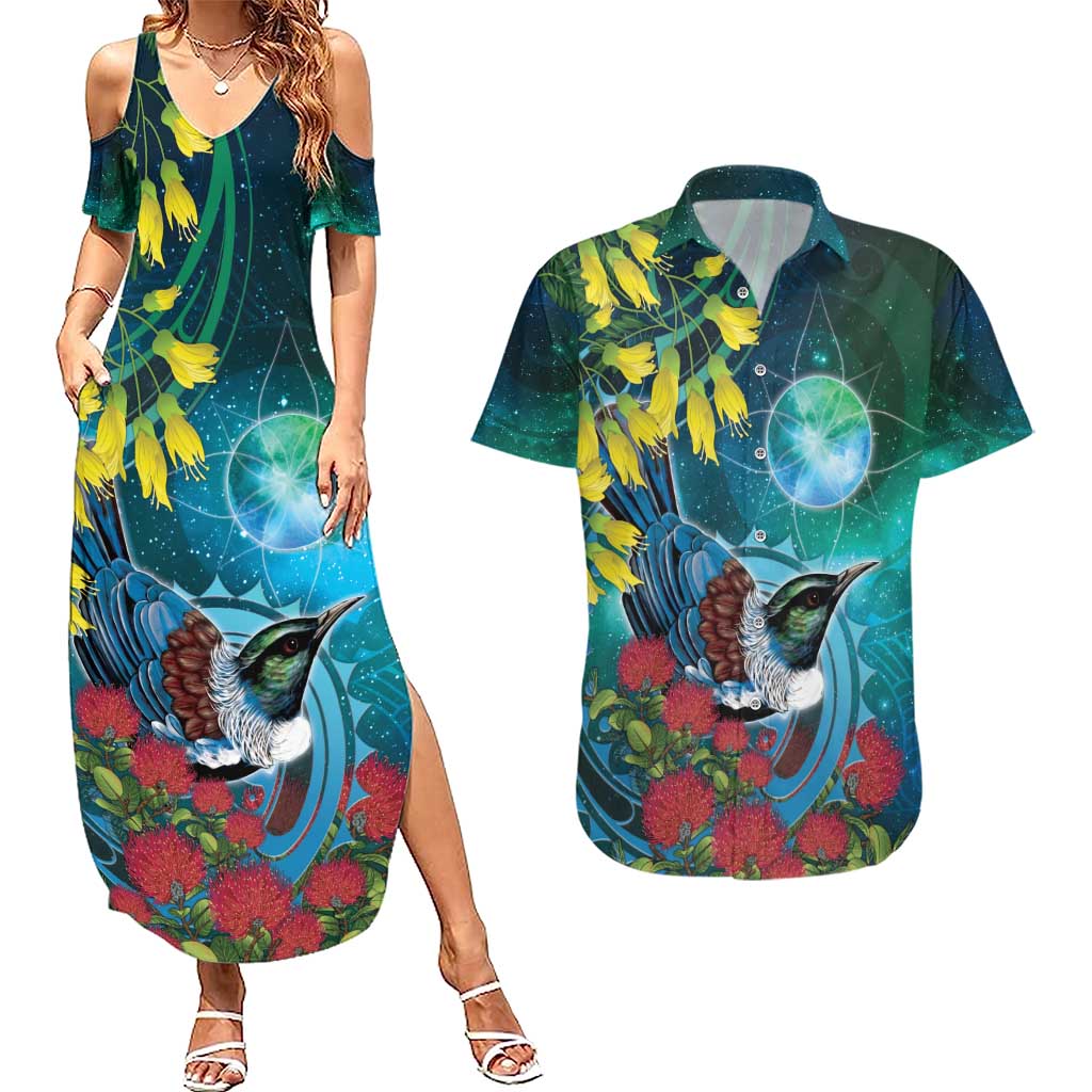 New Zealand Tui Bird Couples Matching Summer Maxi Dress and Hawaiian Shirt Maori Koru With Pohutukawa Galaxy Style - Aussie Hoodie