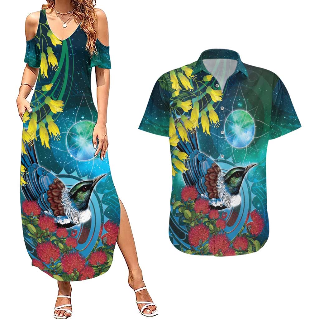New Zealand Tui Bird Couples Matching Summer Maxi Dress and Hawaiian Shirt Maori Koru With Pohutukawa Galaxy Style - Aussie Hoodie