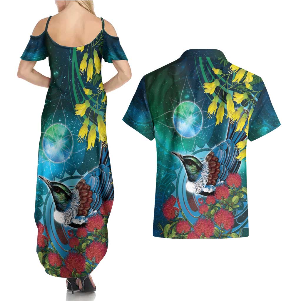 New Zealand Tui Bird Couples Matching Summer Maxi Dress and Hawaiian Shirt Maori Koru With Pohutukawa Galaxy Style - Aussie Hoodie