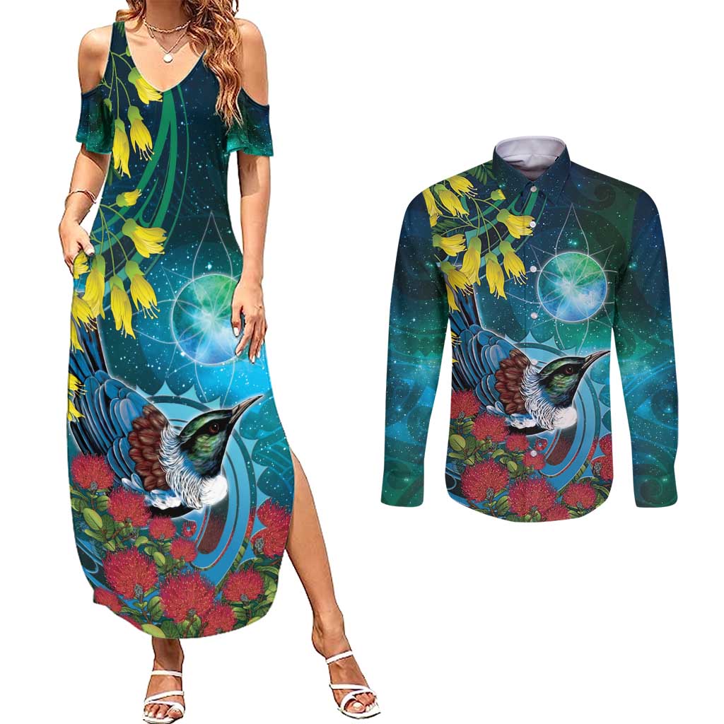 New Zealand Tui Bird Couples Matching Summer Maxi Dress and Long Sleeve Button Shirt Maori Koru With Pohutukawa Galaxy Style - Aussie Hoodie
