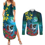 New Zealand Tui Bird Couples Matching Summer Maxi Dress and Long Sleeve Button Shirt Maori Koru With Pohutukawa Galaxy Style - Aussie Hoodie