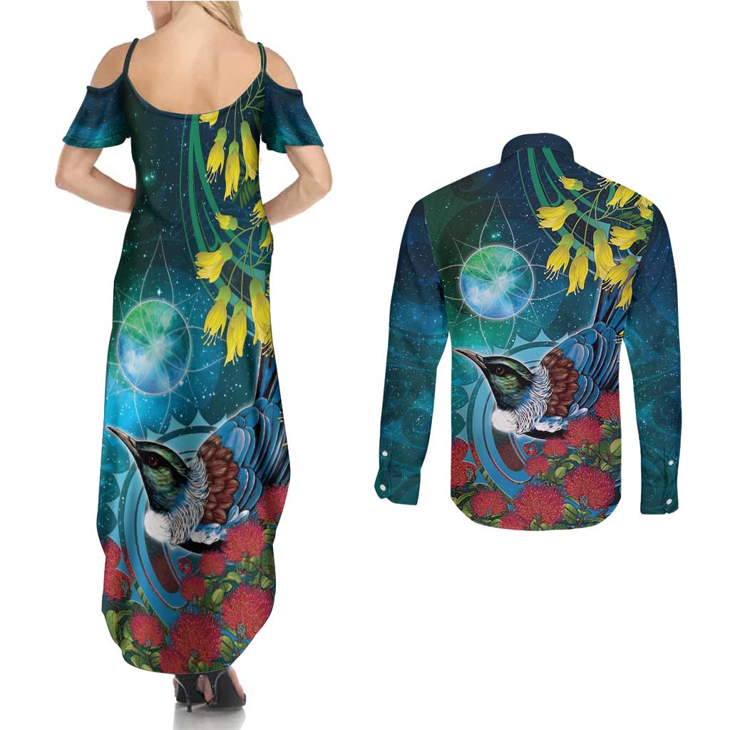 New Zealand Tui Bird Couples Matching Summer Maxi Dress and Long Sleeve Button Shirt Maori Koru With Pohutukawa Galaxy Style - Aussie Hoodie