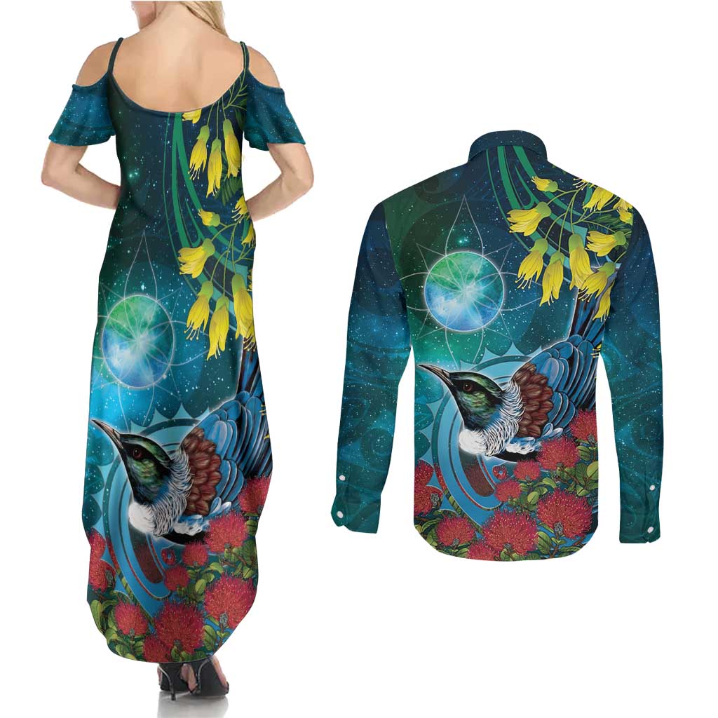 New Zealand Tui Bird Couples Matching Summer Maxi Dress and Long Sleeve Button Shirt Maori Koru With Pohutukawa Galaxy Style - Aussie Hoodie
