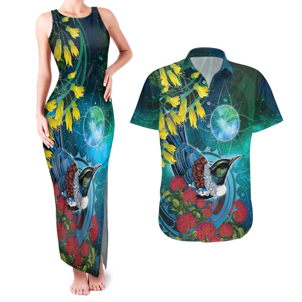 New Zealand Tui Bird Couples Matching Tank Maxi Dress and Hawaiian Shirt Maori Koru With Pohutukawa Galaxy Style - Aussie Hoodie