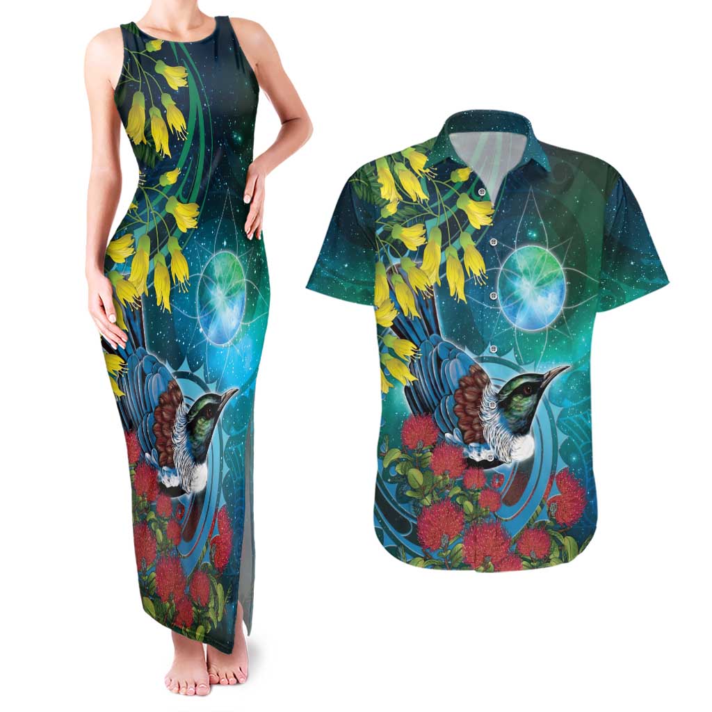 New Zealand Tui Bird Couples Matching Tank Maxi Dress and Hawaiian Shirt Maori Koru With Pohutukawa Galaxy Style - Aussie Hoodie