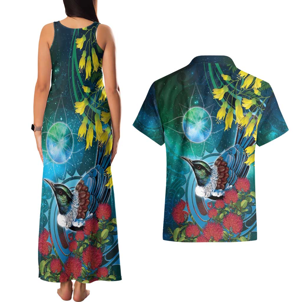 New Zealand Tui Bird Couples Matching Tank Maxi Dress and Hawaiian Shirt Maori Koru With Pohutukawa Galaxy Style - Aussie Hoodie