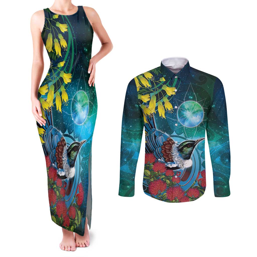 New Zealand Tui Bird Couples Matching Tank Maxi Dress and Long Sleeve Button Shirt Maori Koru With Pohutukawa Galaxy Style - Aussie Hoodie