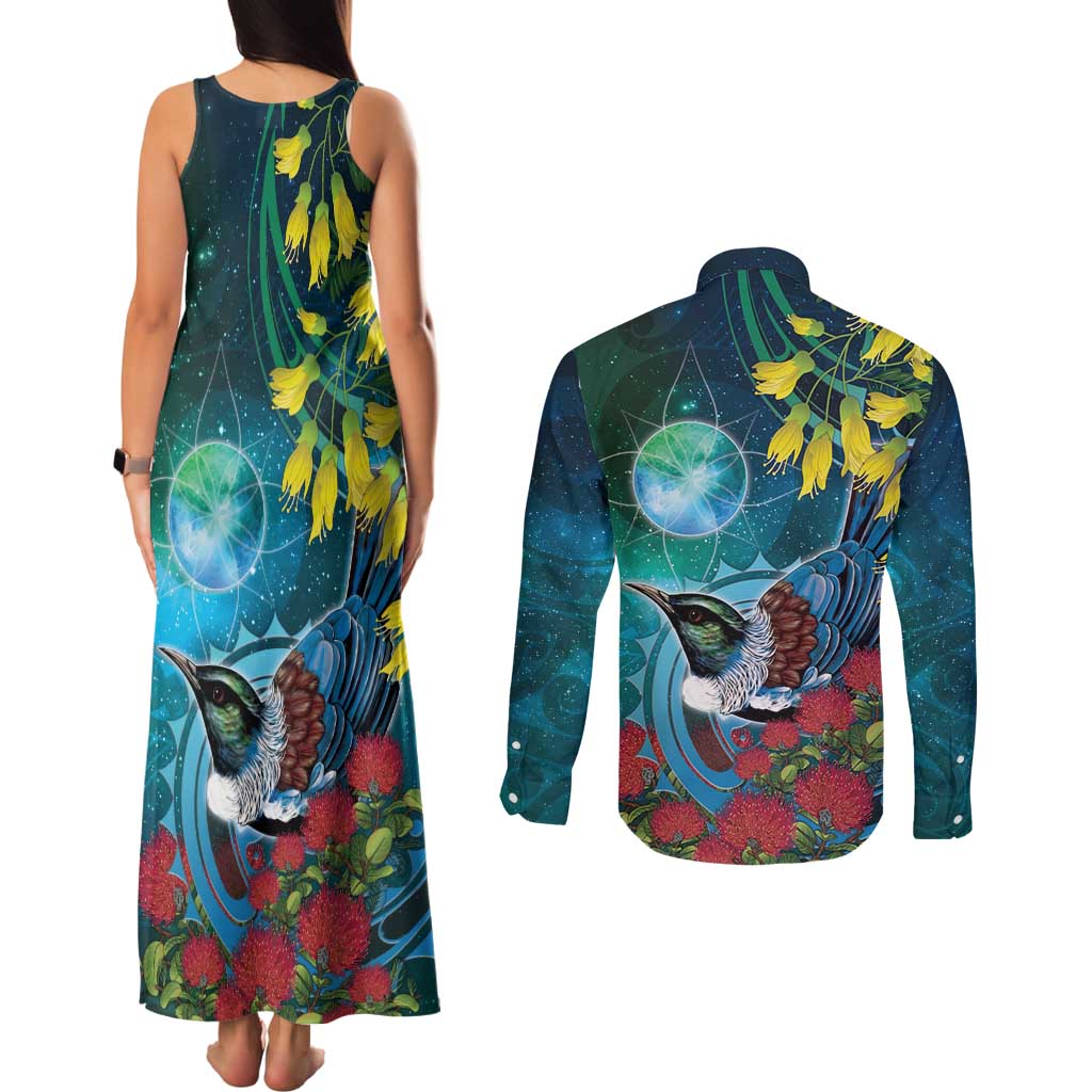 New Zealand Tui Bird Couples Matching Tank Maxi Dress and Long Sleeve Button Shirt Maori Koru With Pohutukawa Galaxy Style - Aussie Hoodie