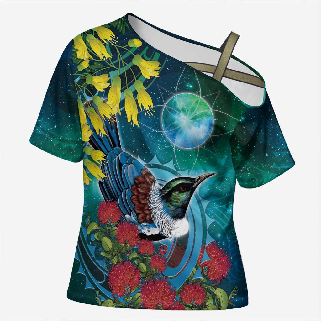New Zealand Tui Bird Cross Shoulder Shirt Maori Koru With Pohutukawa Galaxy Style - Aussie Hoodie