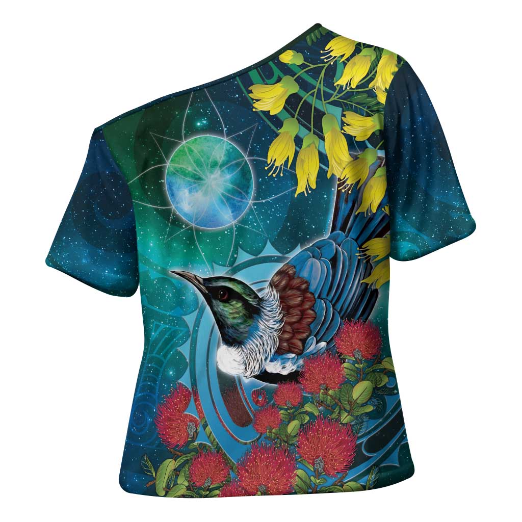 New Zealand Tui Bird Cross Shoulder Shirt Maori Koru With Pohutukawa Galaxy Style - Aussie Hoodie