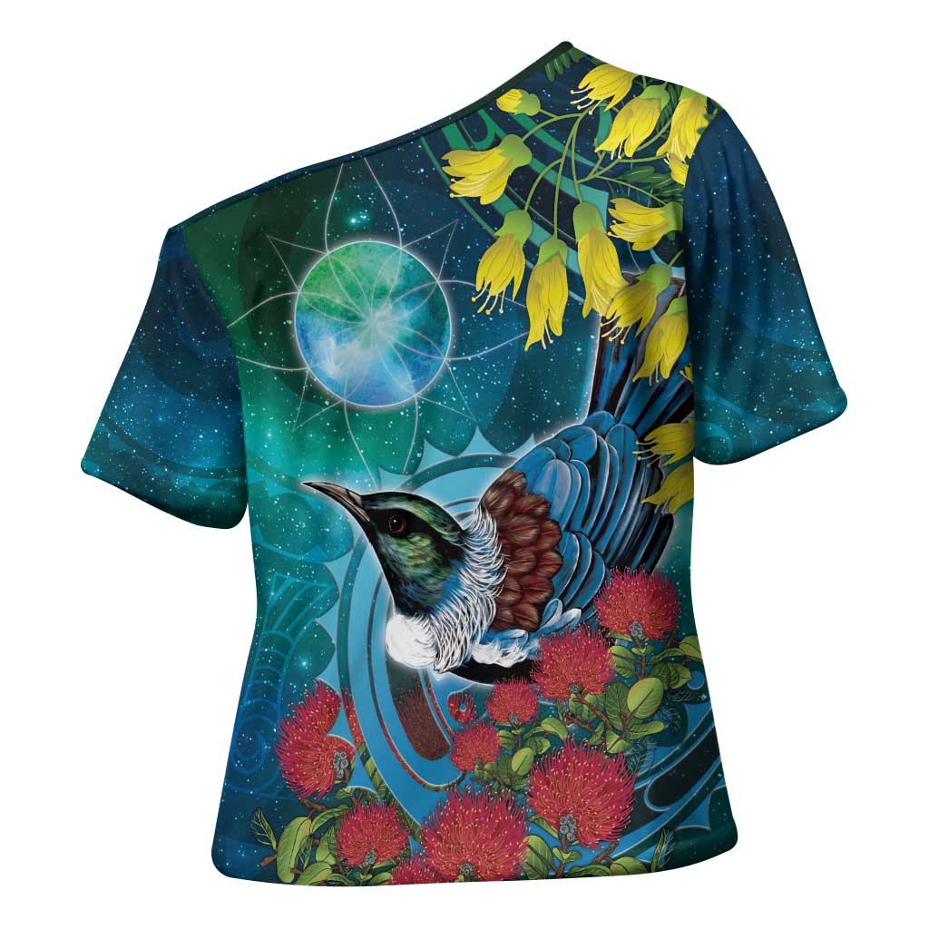 New Zealand Tui Bird Cross Shoulder Shirt Maori Koru With Pohutukawa Galaxy Style - Aussie Hoodie