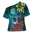 New Zealand Tui Bird Cross Shoulder Shirt Maori Koru With Pohutukawa Galaxy Style - Aussie Hoodie